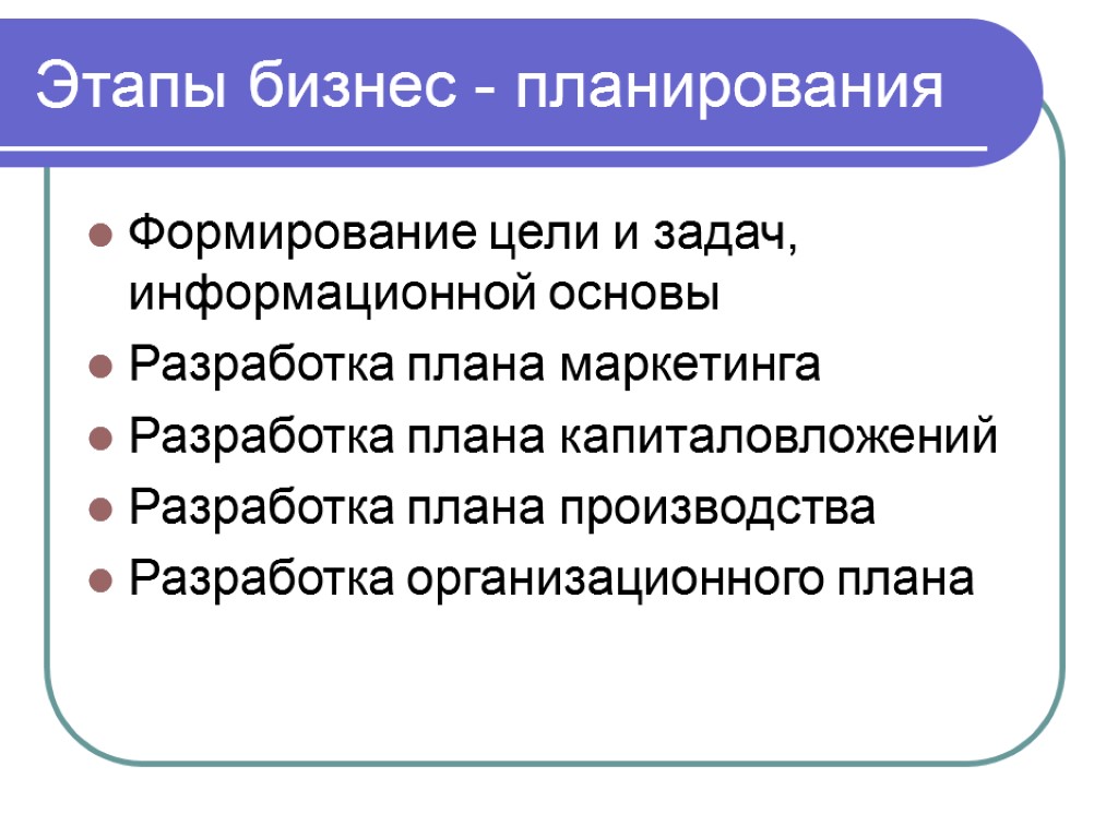 Этапы бизнес - планирования Формирование цели и задач, информационной основы Разработка плана маркетинга Разработка